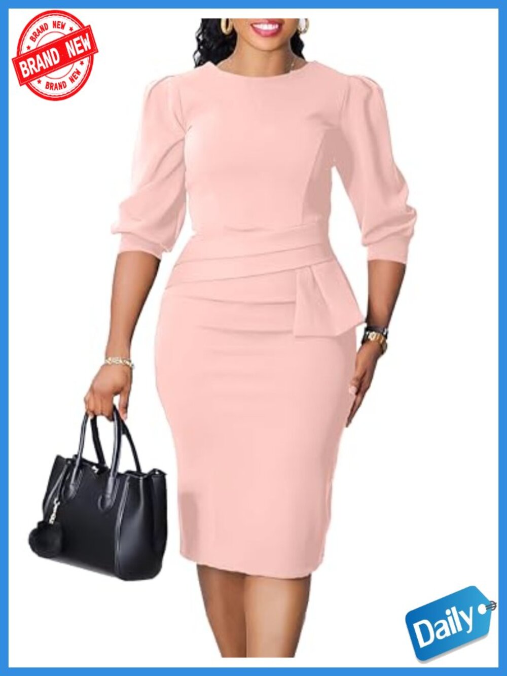 Women's Bodycon Pencil Midi Dress 3/4 Sleeve Peplum Waist Work Party - Picture 1 of 4